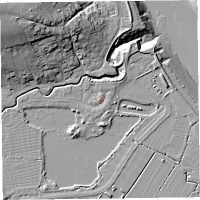 Shaded relief map of the ground around TA52RF, computed from Environment Agency LiDAR. The ground here sits at about 7 m above sea level and falls 32 m across the surrounding 800 m. Surface water reaching this point runs off ground lying to the north, 1.7 m higher.