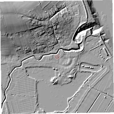 Shaded relief map of the ground around TA52RG, computed from Environment Agency LiDAR. The ground here sits at about 6 m above sea level and falls 32 m across the surrounding 800 m. Surface water reaching this point runs off ground lying to the north-west, 27.0 m higher.