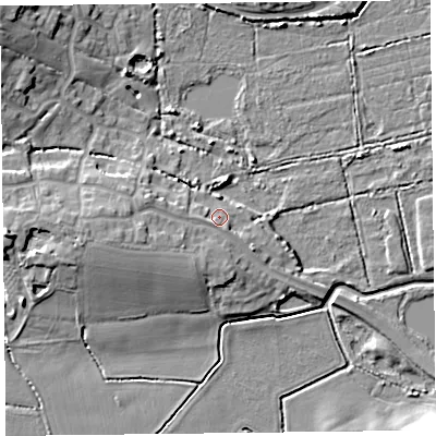 Shaded relief map of the ground around TA52RN, computed from Environment Agency LiDAR. The ground here sits at about 7 m above sea level and falls 11 m across the surrounding 800 m. Surface water reaching this point runs off ground lying to the west-south-west, 3.2 m higher.