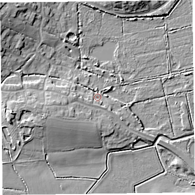 Shaded relief map of the ground around TA52RP, computed from Environment Agency LiDAR. The ground here sits at about 7 m above sea level and falls 13 m across the surrounding 800 m. Surface water reaching this point runs off ground lying to the south-south-west, 2.7 m higher.