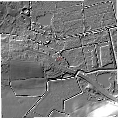 Shaded relief map of the ground around TA52RQ, computed from Environment Agency LiDAR. The ground here sits at about 7 m above sea level and falls 19 m across the surrounding 800 m. Surface water reaching this point runs off ground lying to the west-south-west, 1.5 m higher.
