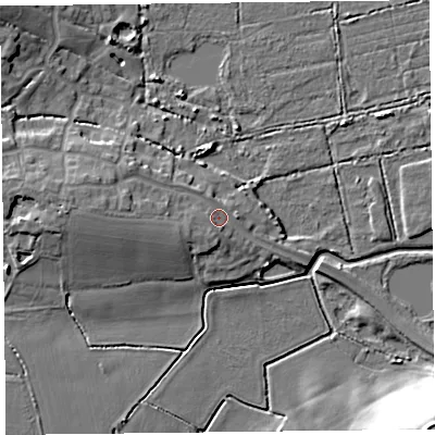 Shaded relief map of the ground around TA52RR, computed from Environment Agency LiDAR. The ground here sits at about 8 m above sea level and falls 19 m across the surrounding 800 m. Surface water reaching this point runs off ground lying to the west, 3.7 m higher.