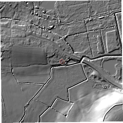 Shaded relief map of the ground around TA52RS, computed from Environment Agency LiDAR. The ground here sits at about 7 m above sea level and falls 21 m across the surrounding 800 m. Surface water reaching this point runs off ground lying to the north-west, 4.0 m higher.