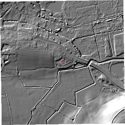 Shaded relief map of the ground around TA52RT, computed from Environment Agency LiDAR. The ground here sits at about 7 m above sea level and falls 21 m across the surrounding 800 m. Surface water reaching this point runs off ground lying to the north-west, 2.7 m higher.