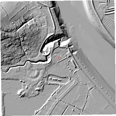 Shaded relief map of the ground around TA52ST, computed from Environment Agency LiDAR. The ground here sits at about 7 m above sea level and falls 29 m across the surrounding 800 m. Surface water reaching this point runs off ground lying to the north, 2.9 m higher.