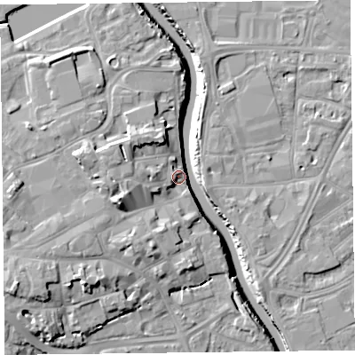 Shaded relief map of the ground around TA63AU, computed from Environment Agency LiDAR. The ground here sits at about 9 m above sea level and falls 13 m across the surrounding 800 m. Surface water reaching this point runs off ground lying to the west-south-west, 12.6 m higher.