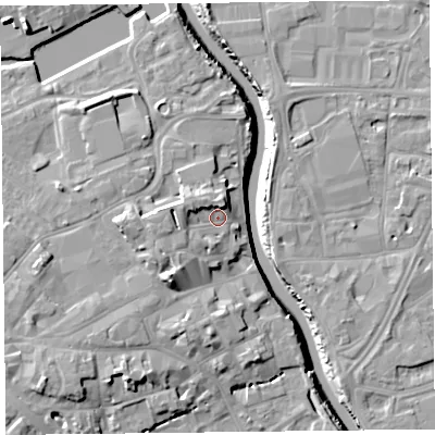 Shaded relief map of the ground around TA63DB, computed from Environment Agency LiDAR. The ground here sits at about 10 m above sea level and falls 13 m across the surrounding 800 m. Surface water reaching this point runs off ground lying to the west-north-west, 4.0 m higher.