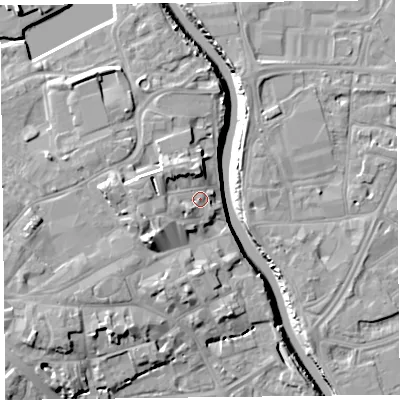 Shaded relief map of the ground around TA63DD, computed from Environment Agency LiDAR. The ground here sits at about 10 m above sea level and falls 13 m across the surrounding 800 m. Surface water reaching this point runs off ground lying to the west-north-west, 4.3 m higher.
