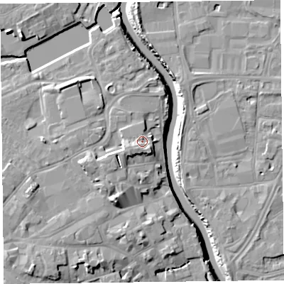 Shaded relief map of the ground around TA63DL, computed from Environment Agency LiDAR. The ground here sits at about 11 m above sea level and falls 13 m across the surrounding 800 m. Surface water reaching this point runs off ground lying to the west-south-west, 2.5 m higher.