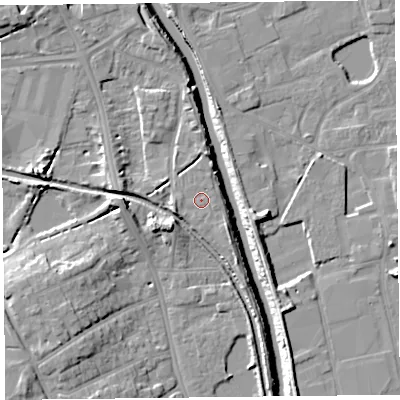 Shaded relief map of the ground around TA63EF, computed from Environment Agency LiDAR. The ground here sits at about 8 m above sea level and falls 13 m across the surrounding 800 m. Surface water reaching this point runs off ground lying to the west-south-west, 2.2 m higher.