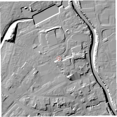 Shaded relief map of the ground around TA63EU, computed from Environment Agency LiDAR. The ground here sits at about 11 m above sea level and falls 18 m across the surrounding 800 m. Surface water reaching this point runs off ground lying to the west-south-west, 3.3 m higher.