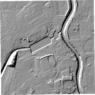 Shaded relief map of the ground around TA63EX, computed from Environment Agency LiDAR. The ground here sits at about 8 m above sea level and falls 18 m across the surrounding 800 m. Surface water reaching this point runs off ground lying to the south-south-west, 4.0 m higher.
