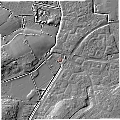 Shaded relief map of the ground around TA63FG, computed from Environment Agency LiDAR. The ground here sits at about 7 m above sea level and falls 7 m across the surrounding 800 m. Surface water reaching this point runs off ground lying to the east-north-east, 4.6 m higher.