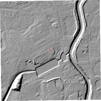 Shaded relief map of the ground around TA63FJ, computed from Environment Agency LiDAR. The ground here sits at about 9 m above sea level and falls 18 m across the surrounding 800 m. Surface water reaching this point runs off ground lying to the west-south-west, 2.0 m higher.