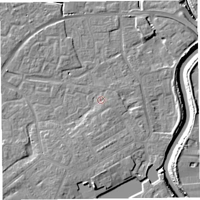 Shaded relief map of the ground around TA63FN, computed from Environment Agency LiDAR. The ground here sits at about 7 m above sea level and falls 11 m across the surrounding 800 m. Surface water reaching this point runs off ground lying to the south-south-west, 3.7 m higher.
