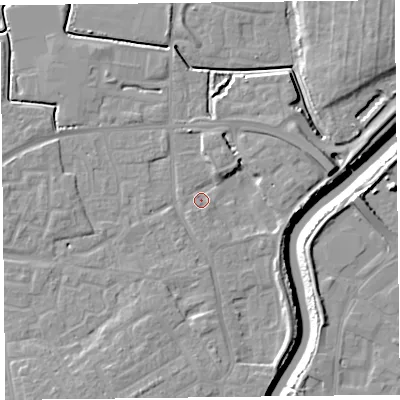 Shaded relief map of the ground around TA63FP, computed from Environment Agency LiDAR. The ground here sits at about 7 m above sea level and falls 11 m across the surrounding 800 m. Surface water reaching this point runs off ground lying to the east, 3.6 m higher.