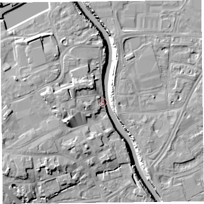 Shaded relief map of the ground around TA63HL, computed from Environment Agency LiDAR. The ground here sits at about 8 m above sea level and falls 13 m across the surrounding 800 m. Surface water reaching this point runs off ground lying to the west-south-west, 12.6 m higher.