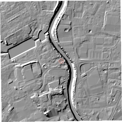 Shaded relief map of the ground around TA63HP, computed from Environment Agency LiDAR. The ground here sits at about 8 m above sea level and falls 13 m across the surrounding 800 m. Surface water reaching this point runs off ground lying to the south-west, 7.1 m higher.