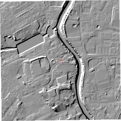 Shaded relief map of the ground around TA63HR, computed from Environment Agency LiDAR. The ground here sits at about 8 m above sea level and falls 13 m across the surrounding 800 m. Surface water reaching this point runs off ground lying to the south-south-west, 5.5 m higher.
