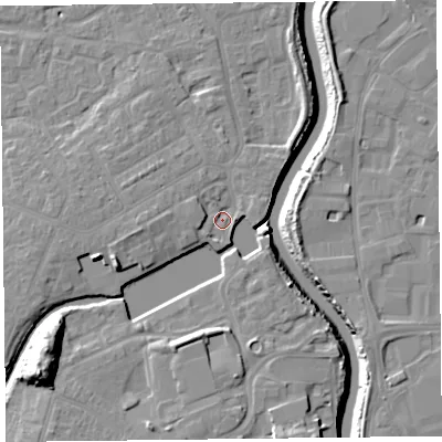 Shaded relief map of the ground around TA63HS, computed from Environment Agency LiDAR. The ground here sits at about 7 m above sea level and falls 18 m across the surrounding 800 m. Surface water reaching this point runs off ground lying to the west, 3.8 m higher.
