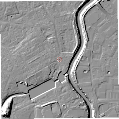 Shaded relief map of the ground around TA63HT, computed from Environment Agency LiDAR. The ground here sits at about 8 m above sea level and falls 18 m across the surrounding 800 m. Surface water reaching this point runs off ground lying to the west-south-west, 3.8 m higher.