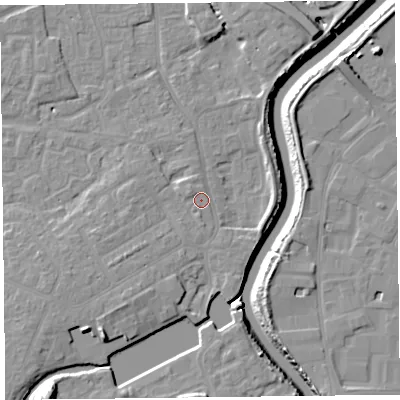 Shaded relief map of the ground around TA63HU, computed from Environment Agency LiDAR. The ground here sits at about 7 m above sea level and falls 14 m across the surrounding 800 m. Surface water reaching this point runs off ground lying to the west-north-west, 1.5 m higher.