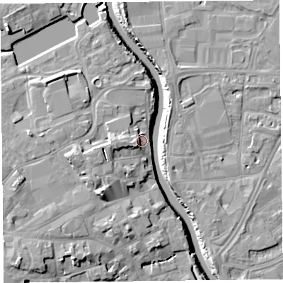 Shaded relief map of the ground around TA63HW, computed from Environment Agency LiDAR. The ground here sits at about 8 m above sea level and falls 13 m across the surrounding 800 m. Surface water reaching this point runs off ground lying to the west, 4.8 m higher.