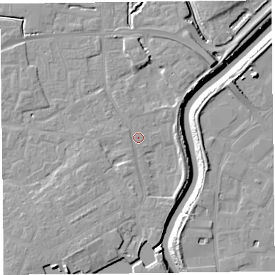 Shaded relief map of the ground around TA63HX, computed from Environment Agency LiDAR. The ground here sits at about 7 m above sea level and falls 11 m across the surrounding 800 m. Surface water reaching this point runs off ground lying to the south-south-west, 4.8 m higher.