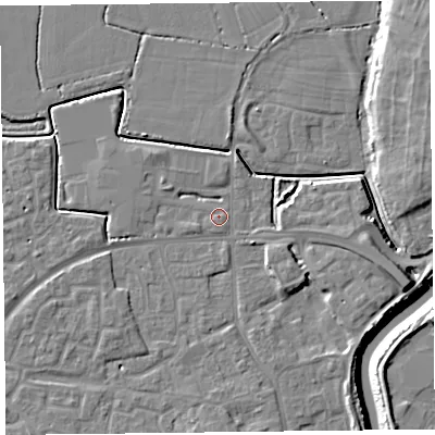 Shaded relief map of the ground around TA63JA, computed from Environment Agency LiDAR. The ground here sits at about 7 m above sea level and falls 11 m across the surrounding 800 m. Surface water reaching this point runs off ground lying to the east-south-east, 5.3 m higher.