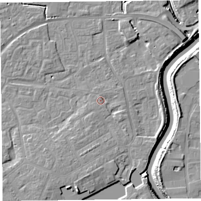Shaded relief map of the ground around TA63JE, computed from Environment Agency LiDAR. The ground here sits at about 8 m above sea level and falls 11 m across the surrounding 800 m. Surface water reaching this point runs off ground lying to the south-south-west, 4.0 m higher.