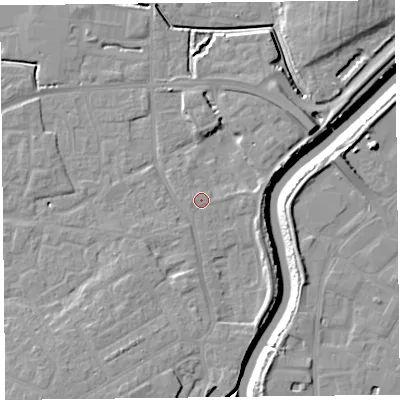 Shaded relief map of the ground around TA63JF, computed from Environment Agency LiDAR. The ground here sits at about 7 m above sea level and falls 11 m across the surrounding 800 m. Surface water reaching this point runs off ground lying to the west-south-west, 0.5 m higher.
