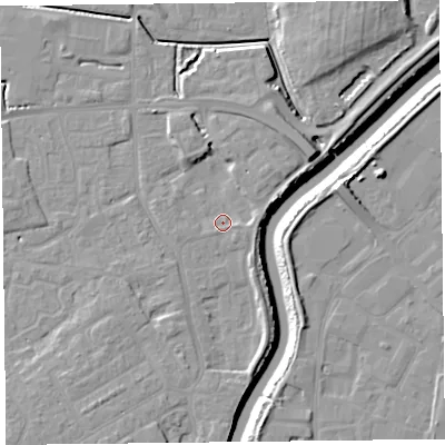 Shaded relief map of the ground around TA63JG, computed from Environment Agency LiDAR. The ground here sits at about 7 m above sea level and falls 11 m across the surrounding 800 m. Surface water reaching this point runs off ground lying to the east-north-east, 2.4 m higher.