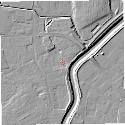 Shaded relief map of the ground around TA63JH, computed from Environment Agency LiDAR. The ground here sits at about 6 m above sea level and falls 11 m across the surrounding 800 m. Surface water reaching this point runs off ground lying to the east, 2.4 m higher.