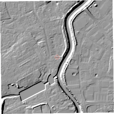 Shaded relief map of the ground around TA63JJ, computed from Environment Agency LiDAR. The ground here sits at about 7 m above sea level and falls 16 m across the surrounding 800 m. Surface water reaching this point runs off ground lying to the north-east, 2.7 m higher.