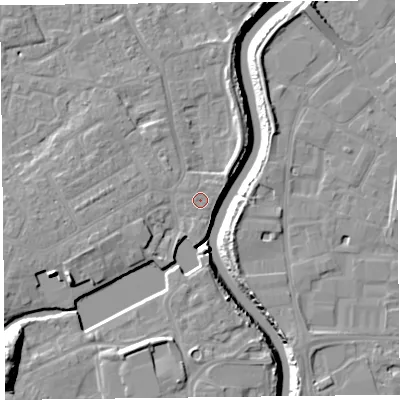 Shaded relief map of the ground around TA63JL, computed from Environment Agency LiDAR. The ground here sits at about 8 m above sea level and falls 17 m across the surrounding 800 m. The ground contributing surface water to this point lies to the south-south-east.