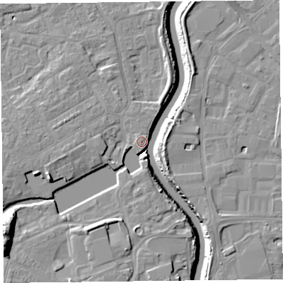 Shaded relief map of the ground around TA63JN, computed from Environment Agency LiDAR. The ground here sits at about 8 m above sea level and falls 17 m across the surrounding 800 m. Surface water reaching this point runs off ground lying to the south-west, 16.5 m higher.