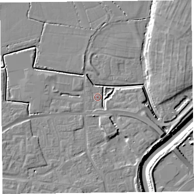 Shaded relief map of the ground around TA63JP, computed from Environment Agency LiDAR. The ground here sits at about 6 m above sea level and falls 11 m across the surrounding 800 m. Surface water reaching this point runs off ground lying to the east-north-east, 8.9 m higher.