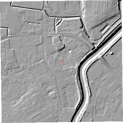 Shaded relief map of the ground around TA63JQ, computed from Environment Agency LiDAR. The ground here sits at about 6 m above sea level and falls 11 m across the surrounding 800 m. Surface water reaching this point runs off ground lying to the east-north-east, 3.3 m higher.