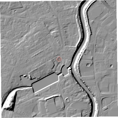 Shaded relief map of the ground around TA63JR, computed from Environment Agency LiDAR. The ground here sits at about 7 m above sea level and falls 18 m across the surrounding 800 m. Surface water reaching this point runs off ground lying to the west-south-west, 3.8 m higher.