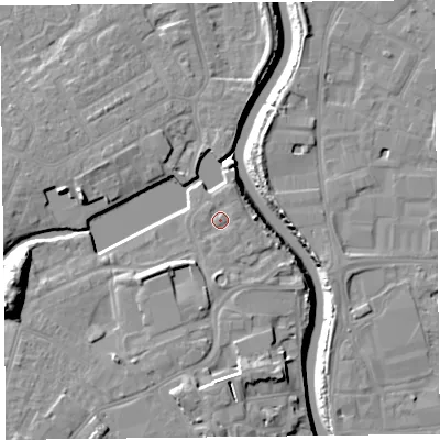 Shaded relief map of the ground around TA63JY, computed from Environment Agency LiDAR. The ground here sits at about 9 m above sea level and falls 18 m across the surrounding 800 m. Surface water reaching this point runs off ground lying to the south-south-west, 1.5 m higher.
