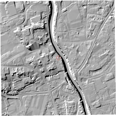 Shaded relief map of the ground around TA63LF, computed from Environment Agency LiDAR. The ground here sits at about 8 m above sea level and falls 13 m across the surrounding 800 m. Surface water reaching this point runs off ground lying to the south-south-west, 3.4 m higher.