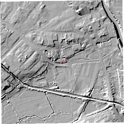 Shaded relief map of the ground around TA63LG, computed from Environment Agency LiDAR. The ground here sits at about 8 m above sea level and falls 13 m across the surrounding 800 m. Surface water reaching this point runs off ground lying to the north-west, 7.1 m higher.