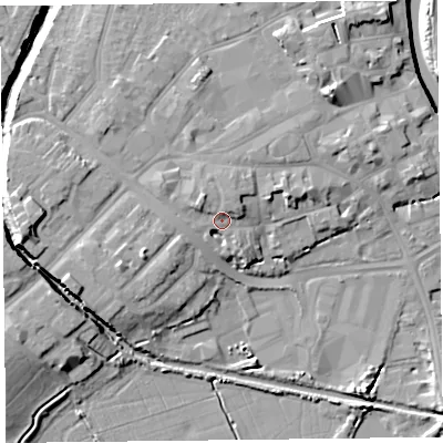 Shaded relief map of the ground around TA63LJ, computed from Environment Agency LiDAR. The ground here sits at about 12 m above sea level and falls 15 m across the surrounding 800 m. Surface water reaching this point runs off ground lying to the north-west, 3.5 m higher.