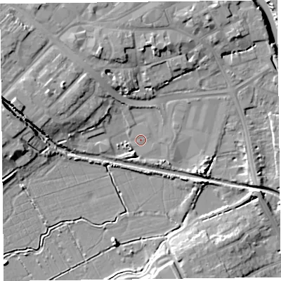 Shaded relief map of the ground around TA63LN, computed from Environment Agency LiDAR. The ground here sits at about 7 m above sea level and falls 13 m across the surrounding 800 m. Surface water reaching this point runs off ground lying to the south-east, 1.6 m higher.