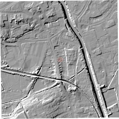 Shaded relief map of the ground around TA63LP, computed from Environment Agency LiDAR. The ground here sits at about 6 m above sea level and falls 12 m across the surrounding 800 m. Surface water reaching this point runs off ground lying to the south, 5.2 m higher.