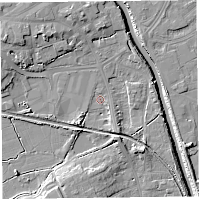 Shaded relief map of the ground around TA63LS, computed from Environment Agency LiDAR. The ground here sits at about 7 m above sea level and falls 13 m across the surrounding 800 m. Surface water reaching this point runs off ground lying to the north-west, 9.1 m higher.