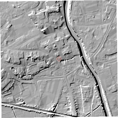 Shaded relief map of the ground around TA63LT, computed from Environment Agency LiDAR. The ground here sits at about 9 m above sea level and falls 13 m across the surrounding 800 m. Surface water reaching this point runs off ground lying to the north-north-west, 2.4 m higher.