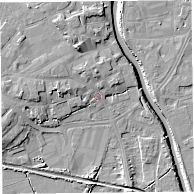 Shaded relief map of the ground around TA63LU, computed from Environment Agency LiDAR. The ground here sits at about 9 m above sea level and falls 13 m across the surrounding 800 m. Surface water reaching this point runs off ground lying to the north, 2.3 m higher.