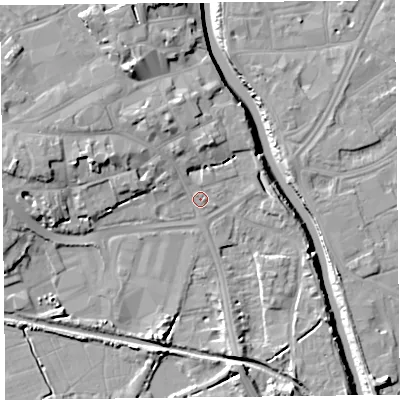 Shaded relief map of the ground around TA63LW, computed from Environment Agency LiDAR. The ground here sits at about 8 m above sea level and falls 13 m across the surrounding 800 m. Surface water reaching this point runs off ground lying to the north-north-west, 3.4 m higher.
