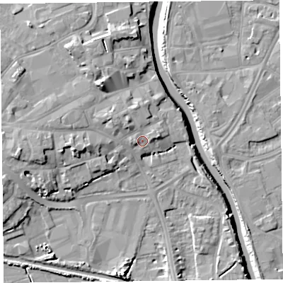 Shaded relief map of the ground around TA63NB, computed from Environment Agency LiDAR. The ground here sits at about 9 m above sea level and falls 13 m across the surrounding 800 m. Surface water reaching this point runs off ground lying to the west-north-west, 3.6 m higher.